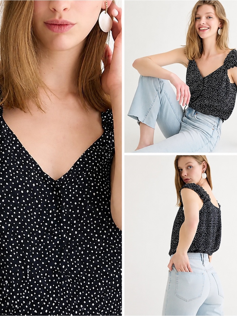 J.Crew Navy Polka Dot Flutter Sleeve Top | Size Large | EUC